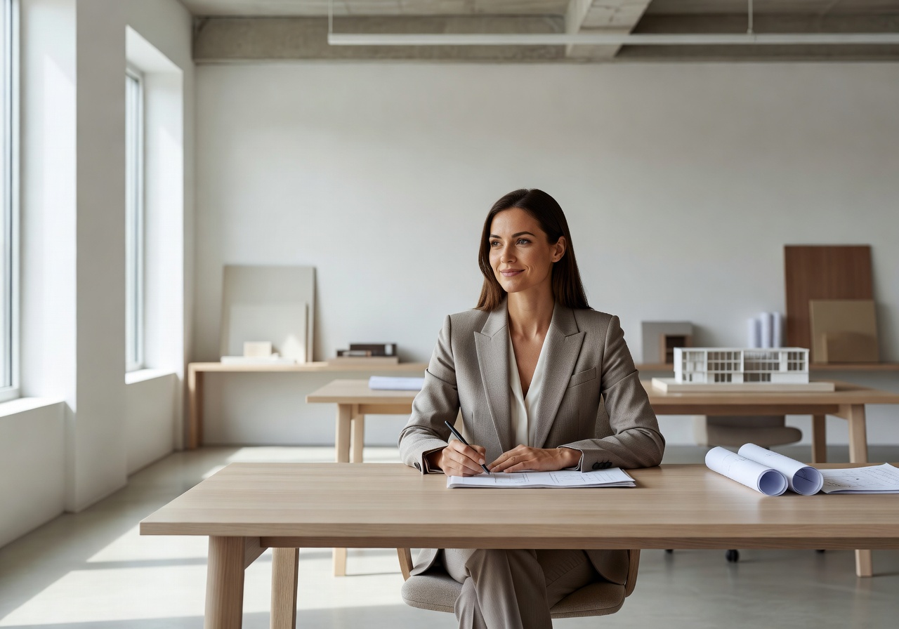 Portrait of the lead interior designer in a naturally lit minimalist office