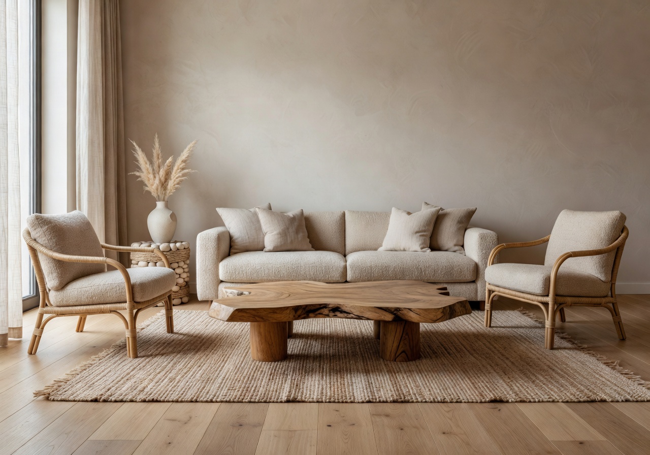 Luxury living room featuring organic textures, neutral tones, and elegant furniture
