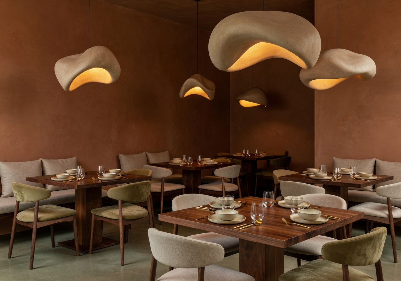 Interior of a high-end boutique restaurant with earthy tones and sculptural lighting