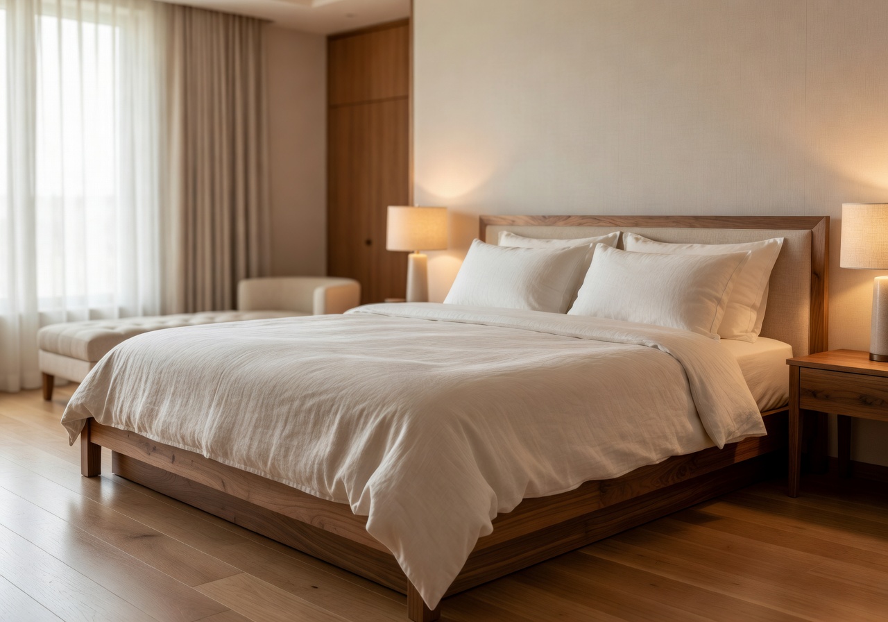 Soft lit luxury bedroom with linen textures and warm wood
