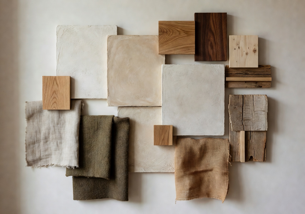 Material mood board featuring natural plaster, wood samples, and earthy fabrics